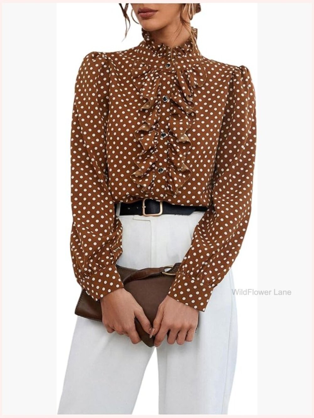 Polka Dot Ruffle Blouse - Long Sleeve Button Down Shirt for Work
